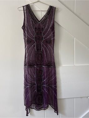 Unique Vintage 1920s Purple Beaded Dress Size Medium Sheer Sequins Sleeveless
